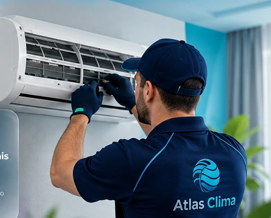Técnico de climatização trabalhando em aparelho de ar-condicionado