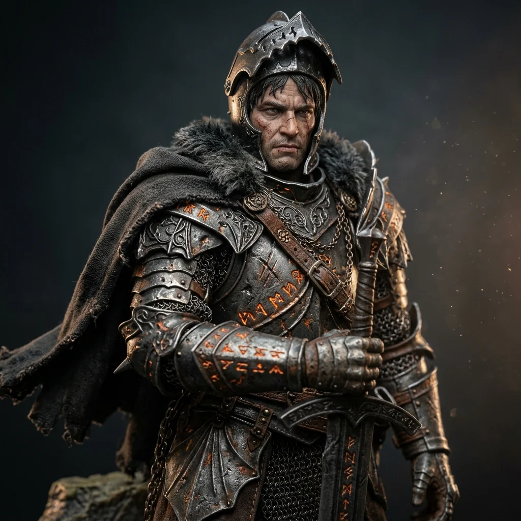 Figura fictícia de cavaleiro medieval com armadura escura ornamentada e capa